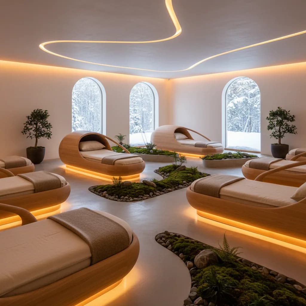 Interior of a Hiding Place rest pod, lit warmly